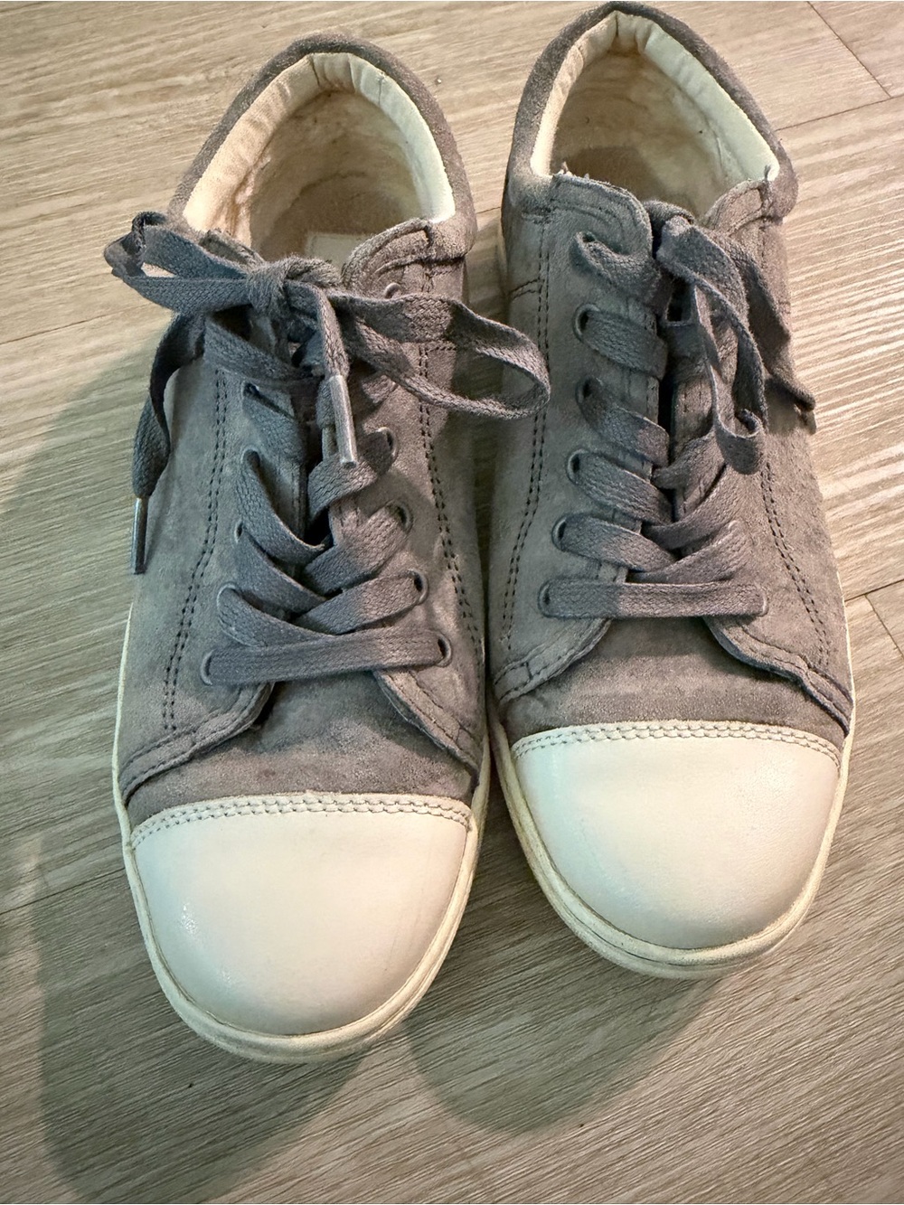 Women Suede Lace-Up Sneakers in Gray with White Toe Cap